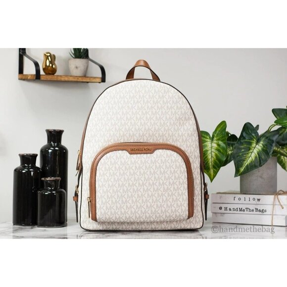 NEW Michael Kors Jaycee Large Backpack Vanilla PVC Leather Zip Pocket Bookbag